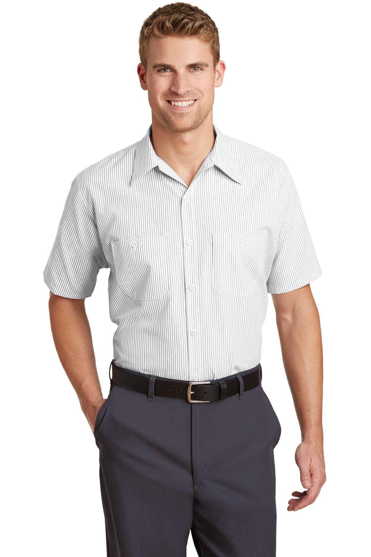 Red Kap Short Sleeve Striped Industrial Work Shirt.  CS20
